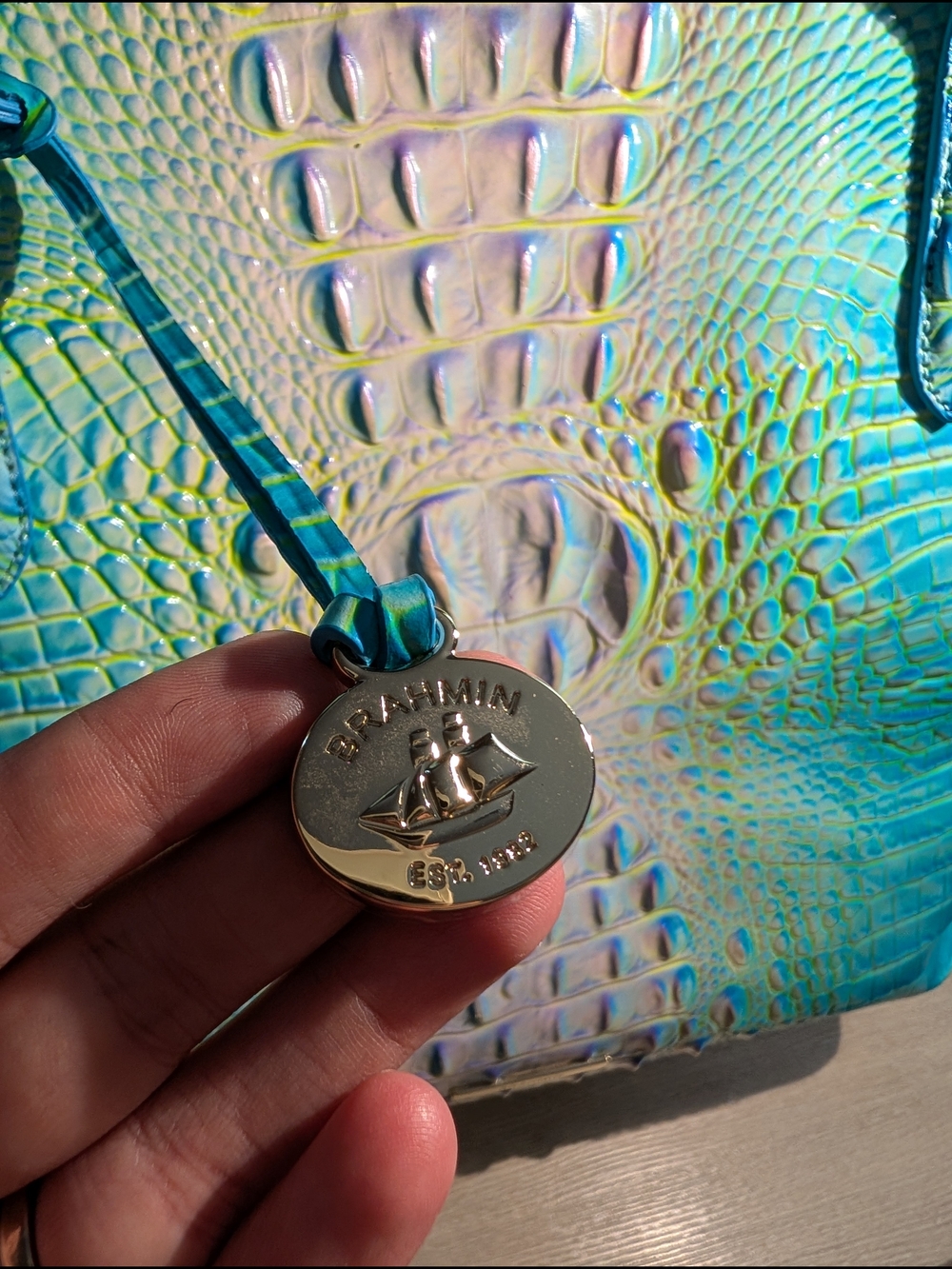 Brahmin Cotton Candy Croc-Embossed Brooke Tote Bag - Picture 3 of 16
